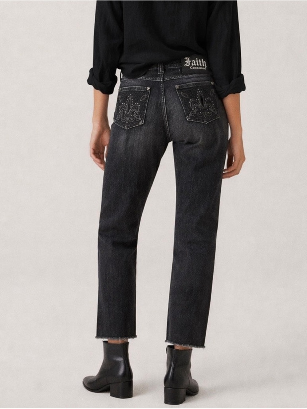 Faith Connexion Vintage Black Raw Hem Jeans Size 28 Fleur De‎ Lis Pockets